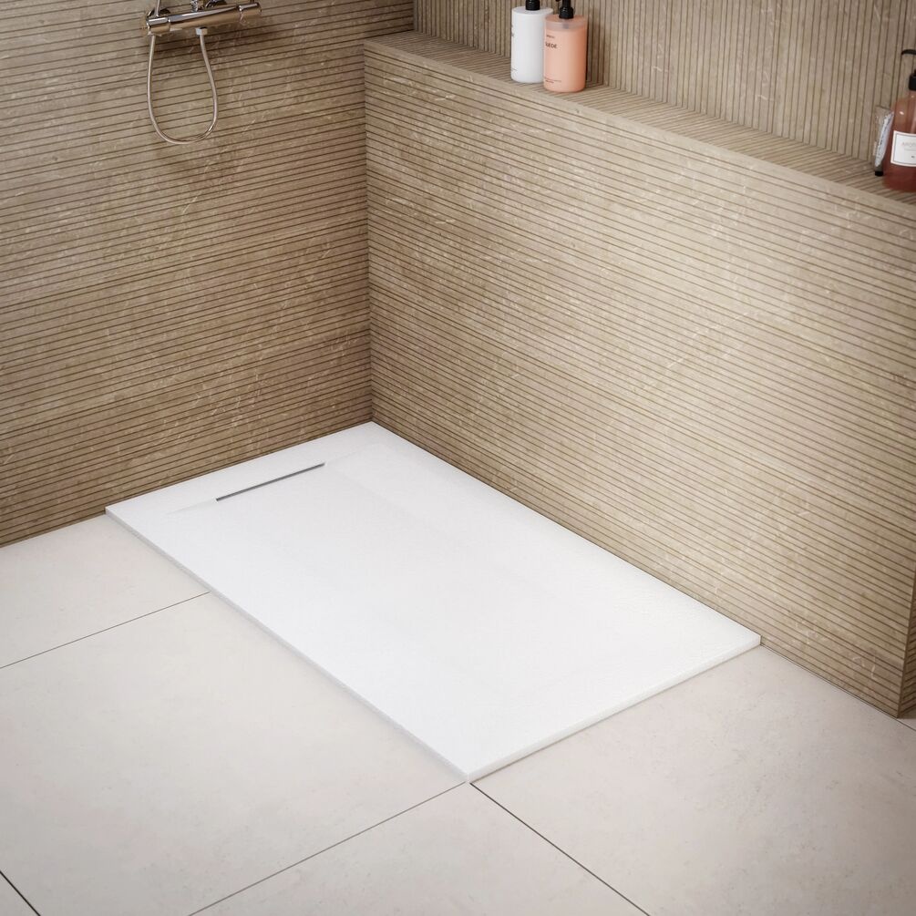 Lifestyle image of the Onyx Zeus Plus White Stone Effect 1400mm x 800mm Shower Tray